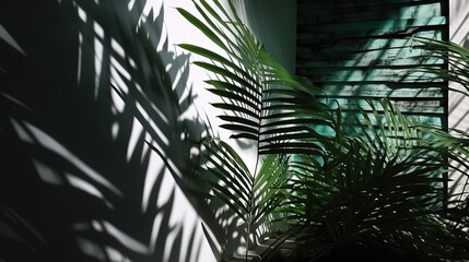Obraz premium Shadows from palm leaves and tropical branches on a white wall. Generative Ai