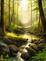 Serene Forest Stream with Beautiful Light - generative ai