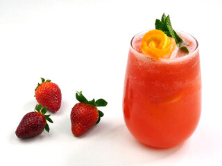 Strawberry cocktail garnished with orange slices and mint