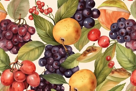 still life painting featuring a variety of colorful fruits on a plain white background. Generative AI