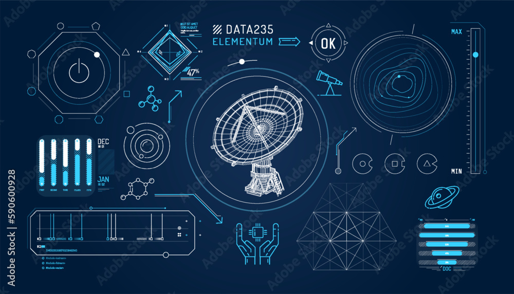 Wall mural set of infographic elements about radio astronomy and space observation.