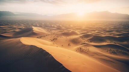 Plakat a desert with sand dunes and mountains in the background at sunset or sunrise or sunset in the distance, with the sun setting over the horizon. generative ai