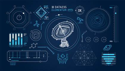 Set of infographic elements about radio astronomy and space observation.