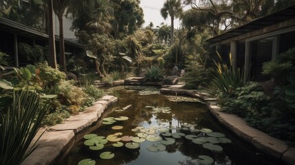 Fototapeta na wymiar a pond with lily pads in a tropical garden with palm trees and a house in the background with a person sitting on a bench in the water. generative ai