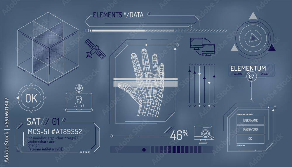Poster set of infographic elements about satellite internet and network security.