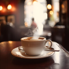 A steaming cup of coffee in a cozy café setting