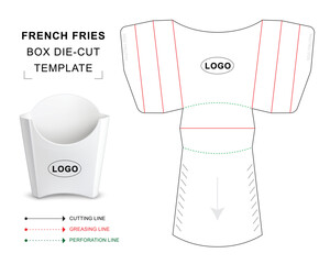 French fries box die cut template with 3D blank vector mockup for food packaging