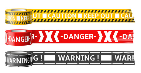 Warning sticky tapes. Realistic mounting film with danger labels, accident place, enclosing menace notification strips, yellow black and red lines. Zone restricted boundary utter png set