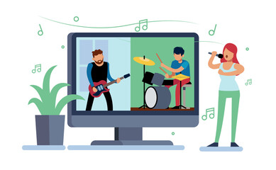 Online home concert, people play on self isolation. Musical group on computer screen, guitarist and drummer, girl sings karaoke. Virtual performance. Cartoon flat illustration. png concept