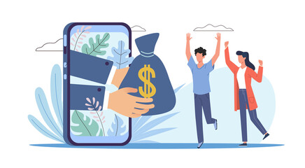 Online loan. Huge smartphone and happy man and woman. bad with money, prize or lottery gift, personal banking credit. Web payment app cartoon flat isolated illustration. png financial concept