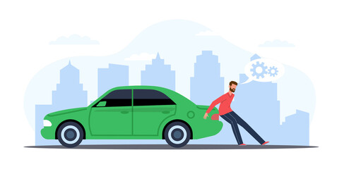 Man is pushing broken car down city road. Vehicle on roadside push to service repairing. Accident with transport, damaged automobile cartoon flat illustration. png prevent breakdowns concept