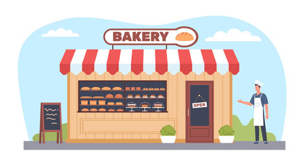 Facade of bakery building with sign. Open new cafe or shop. Happy male baker. Front view house facade with door, windows and signboard. Cartoon flat isolated illustration. png concept