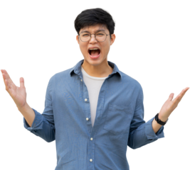 close up young asian man open mouth with awesome feeling and raise hand isolated transparent background for marketing and png design concept	
