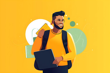 Flat vector illustration Smart smart indian male employee or freelancer holding laptop, looking at camera with happy smile, isolated on yellow background, Arab student wi