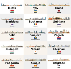 Naklejka premium Eastern and Southern Europe cities skylines illustrations with countries flags vector set