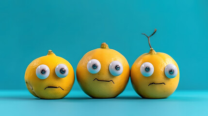Funny lemons with eyes on a blue background. Generative Ai