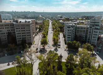 Aerial view on street between Karazin University and Derzhprom with cars driving to Freedom Square in sunny spring Kharkiv, Ukraine