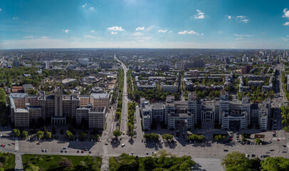 Aerial panorama view on Derzhprom and main Karazin National University buildings in spring. Kharkiv, Ukraine