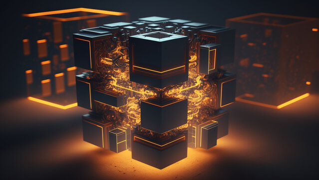 Futuristic Cubes, design technology abstract 4K orange background	