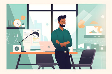 Flat vector illustration High quality ambitious Indian male entrepreneur CEO manager standing in modern office space with arms crossed leaning on desk, latin businessman i