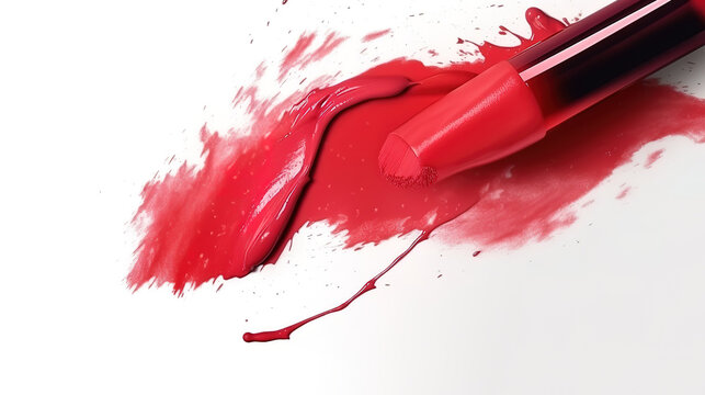 Red stroke brush lipstick or paint on white empty background. Generative Ai