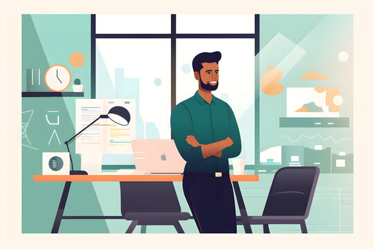 Flat vector illustration High quality ambitious Indian male entrepreneur CEO manager standing in modern office space with arms crossed leaning on desk, latin businessman i