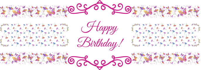 Happy birthday, holiday illustration with flowers, frames.