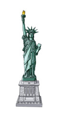 Fototapeta premium US Statue of Liberty drawing. USA New York city famous tourist landmark. Poster or flyers sculpture illustration element. Hand drawn logo of American symbol for presentations. Vector.
