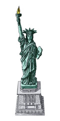 Statue of liberty in hand drawing style, line hatching stroke, color. Hand drawn sketch. American national symbol, New York and USA landmark. Vector.