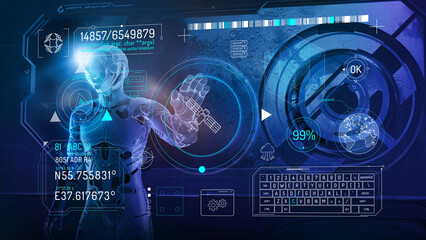 Satellite data infographic on sci-fi space background. © conceptcafe