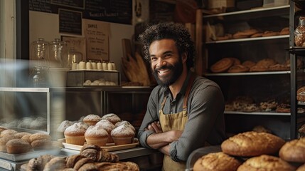 Male bakery owner exuding pride and confidence in a candid shot with his delicious baked goods, showcasing his entrepreneurship in the local community. Generative AI