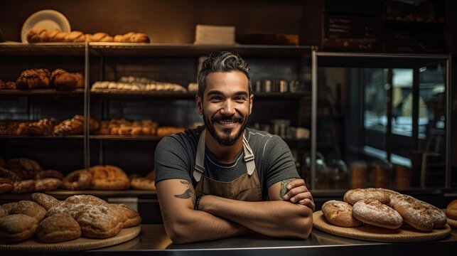 Male bakery owner exuding pride and confidence in a candid shot with his delicious baked goods, showcasing his entrepreneurship in the local community. Generative AI