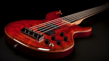 A bold, red bass guitar with intricate hardware and a modern design. Generative AI