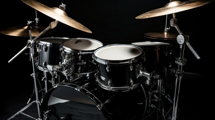 A sleek, black drum kit with shiny cymbals and drumsticks. Generative AI