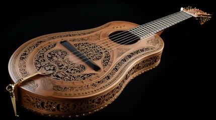 A majestic, towering harp guitar with intricate carvings and shimmering strings. Generative AI - obrazy, fototapety, plakaty