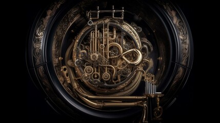 Fototapeta premium A bold, black sousaphone with intricate valves and a towering presence. Generative AI