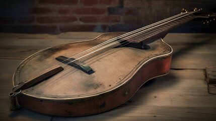 A rustic mandola, with a worn wooden body and delicate strings. Generative AI