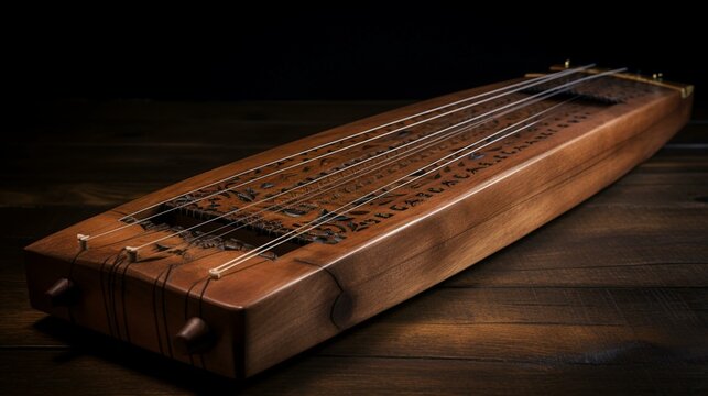 A beautiful, handcrafted dulcimer, with a warm wooden body and intricate strings. Generative AI