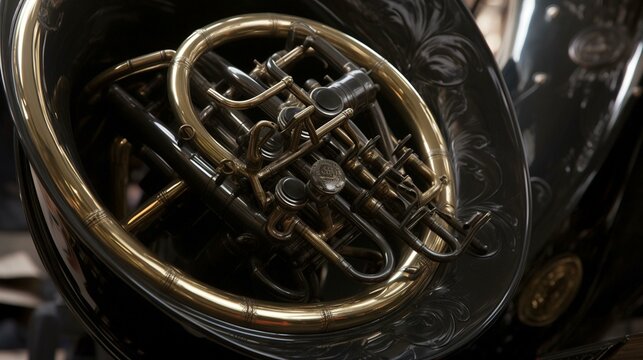 A bold, black sousaphone with intricate valves and a towering presence. Generative AI