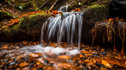 Waterfall in autumn forest. Waterfall with the water droplets as they fall from the top.
Generative AI, Generativ, KI