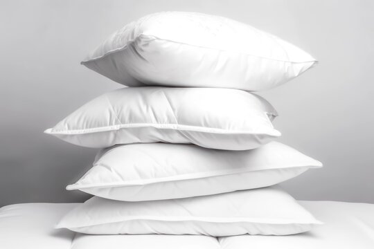 Pyramid stack of soft Pillow on star night background. Concept of good healthy sleep, sweet dreams and hypnotic pills. Good night and deep sleeping in bed.