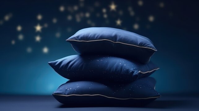 Pyramid stack of soft Pillow on star night background. Concept of good healthy sleep, sweet dreams and hypnotic pills. Good night and deep sleeping in bed.