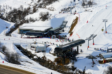 Departure stations of the cable car leading up to the summit of La Masse mountain above Les...
