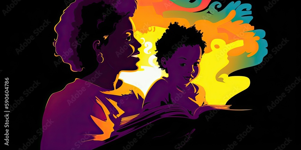 Wall mural colorful illustration of a parent and child reading a book