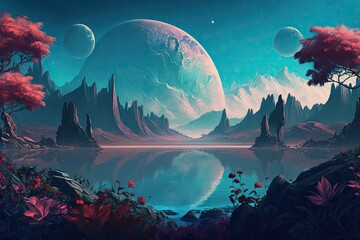 Landscape with moon and stars. AI generated art illustration.