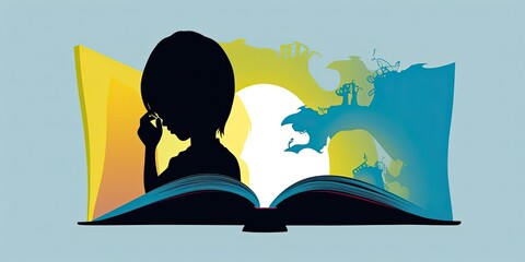 colorful illustration of a child reading a book