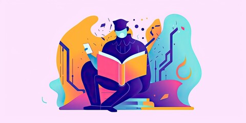 colorful illustration of a man reading a book