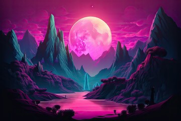 Landscape with moon and mountains. AI generated art illustration.