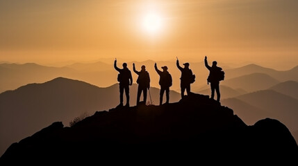 Group of people silhouette on peak mountain climbing helping team work , travel trekking success business concept Generative AI