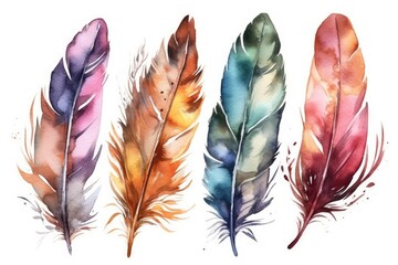 three colorful feathers on a plain white background. Generative AI